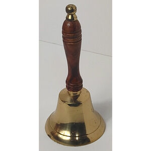 Vintage Brass School Bell Hand Held Wood Handle 8" tall x 4" diameter